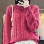 Women's Cable Knit Jumper with Crew Neck and Long Sleeves, Dark Pink, view 3