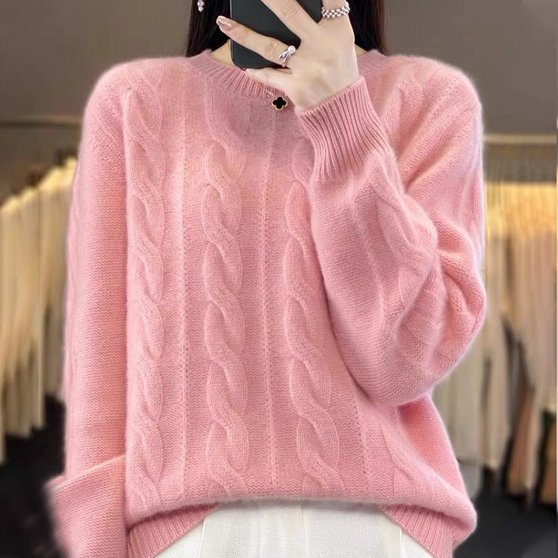 Women's Cable Knit Jumper with Crew Neck and Long Sleeves, Light Pink, view 4