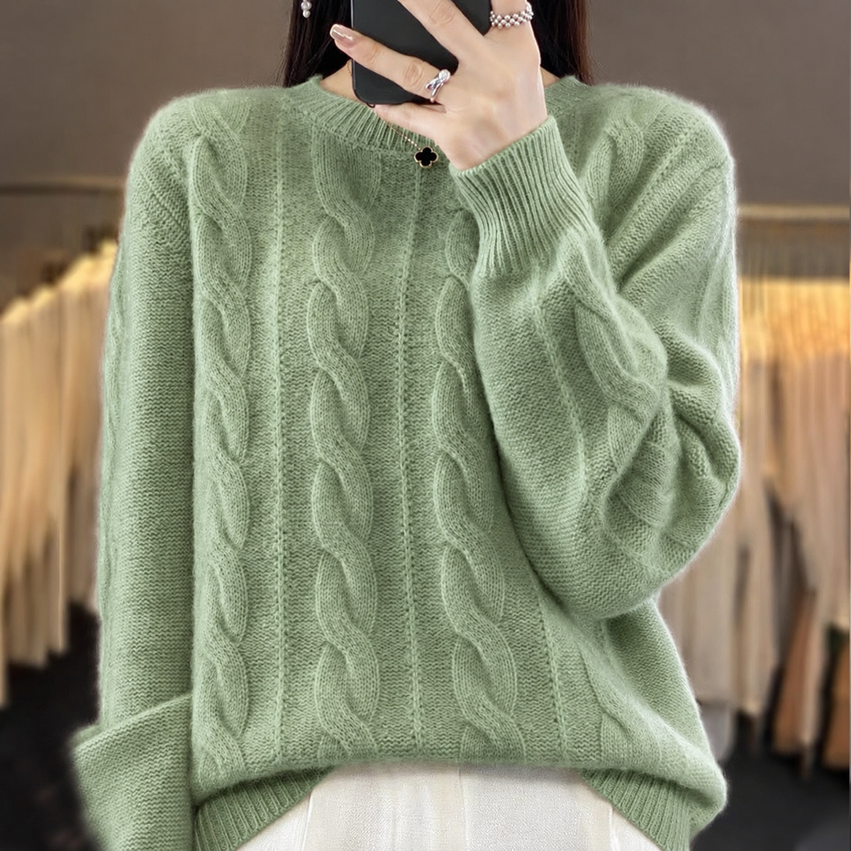 Women's Cable Knit Jumper with Crew Neck and Long Sleeves, Green, view 5