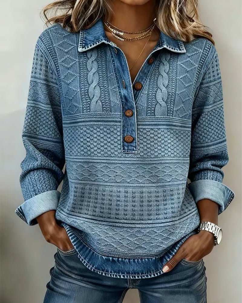 Women's Cable Knit Jumper with Denim-Look Collar, Blue, view 1