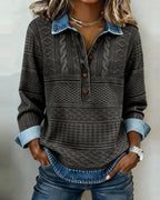 Women's Cable Knit Jumper with Denim-Look Collar, Grey, view 2