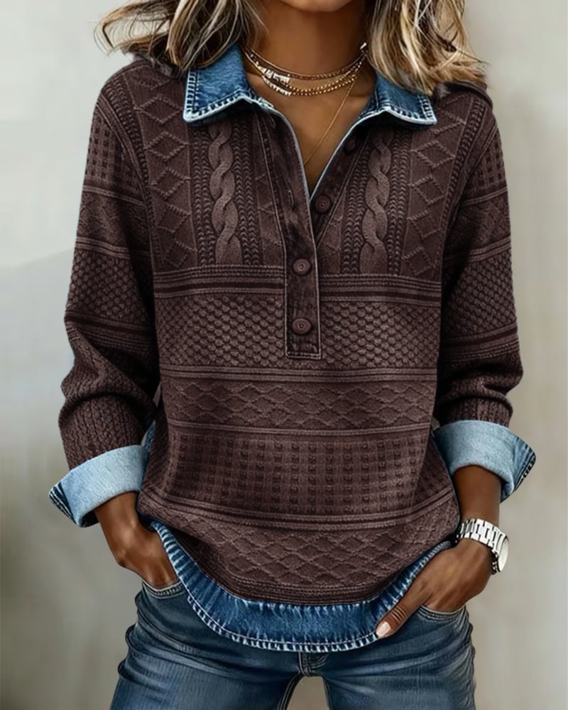 Women's Cable Knit Jumper with Denim-Look Collar, Coffee, view 3