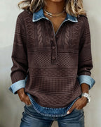 Women's Cable Knit Jumper with Denim-Look Collar, Coffee, view 3
