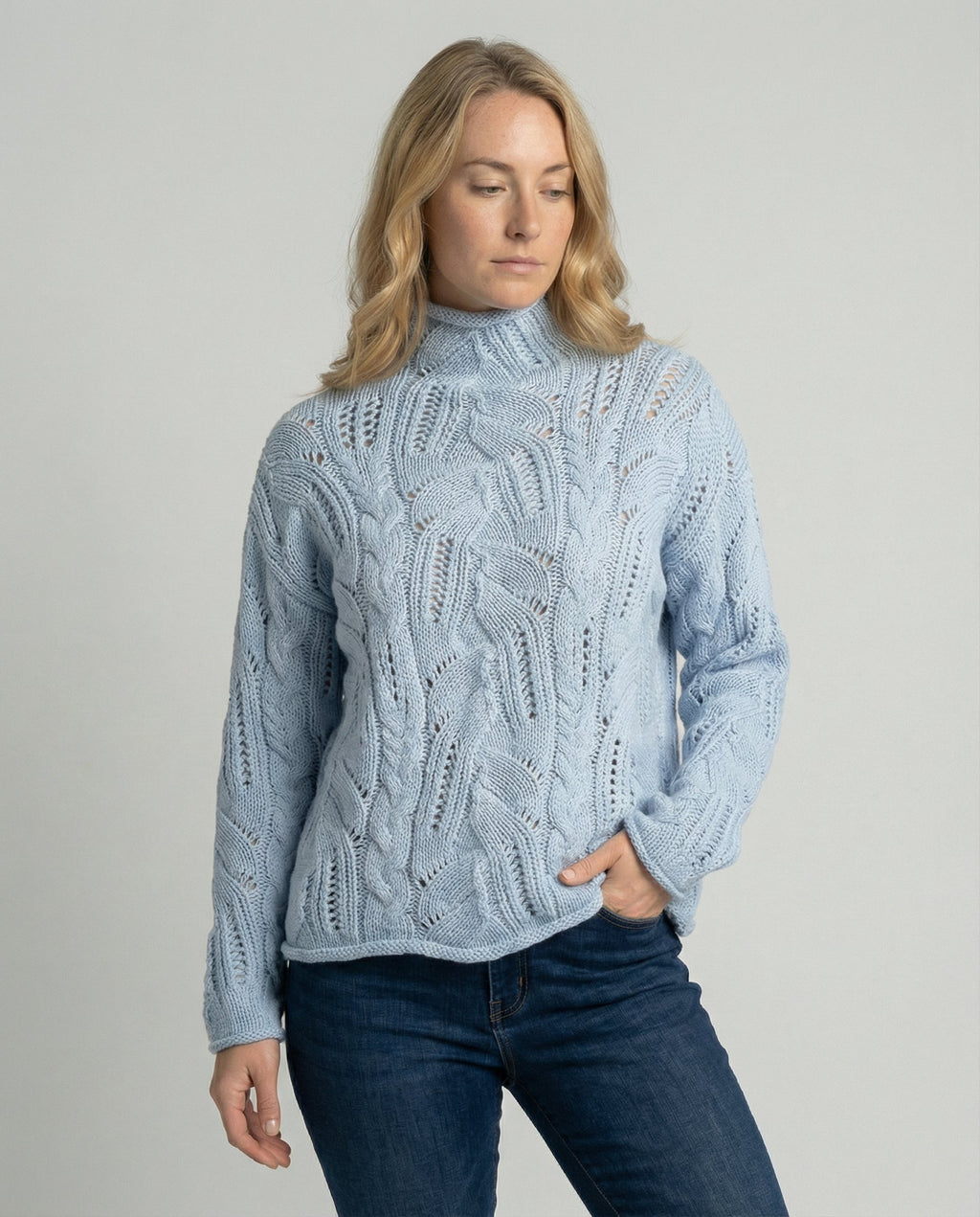 Women's Cable Knit Jumper with Pointelle Turtleneck, Blue, view 1