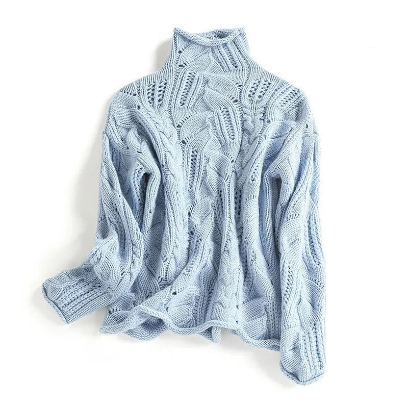 Women's Cable Knit Jumper with Pointelle Turtleneck, view 3
