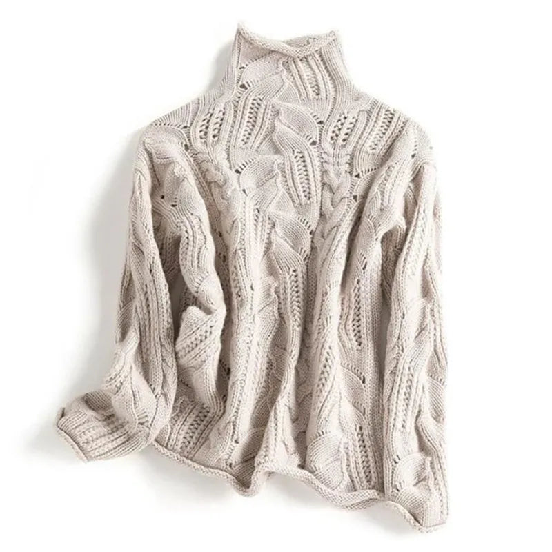 Women's Cable Knit Jumper with Pointelle Turtleneck, Beige, view 4