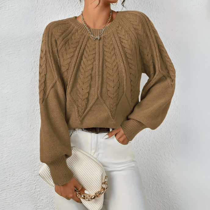 Women's Cable Knit Jumper with Puff Sleeves, Brown, view 1