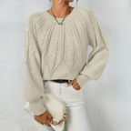 Women's Cable Knit Jumper with Puff Sleeves, Beige, view 2