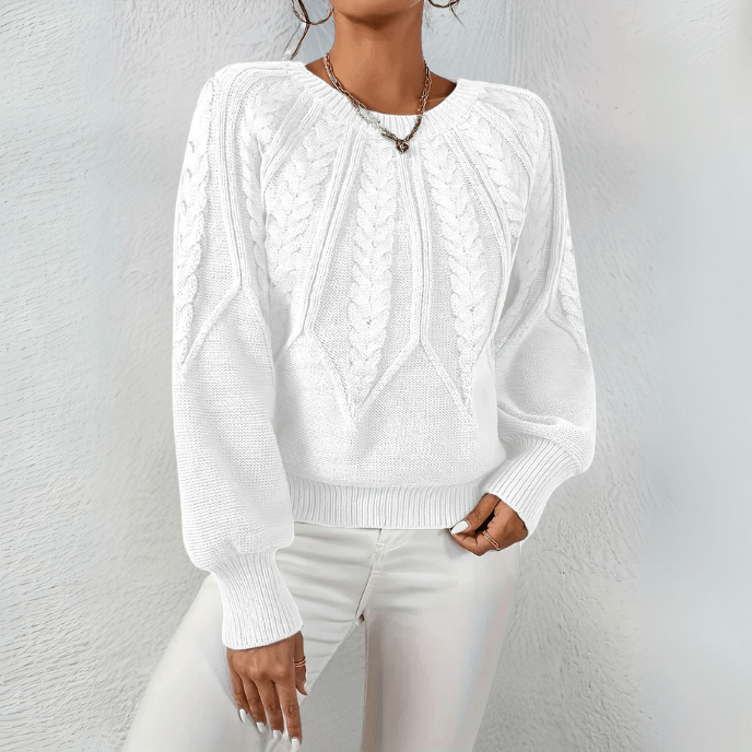 Women's Cable Knit Jumper with Puff Sleeves, White, view 3
