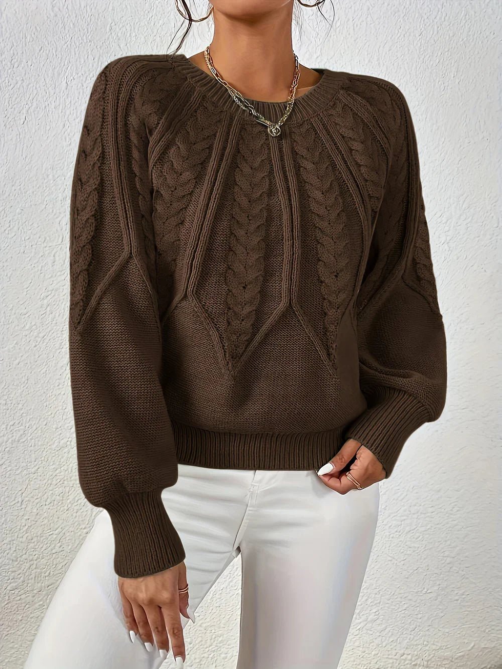 Women's Cable Knit Jumper with Puff Sleeves, Dark Brown, view 4