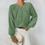 Women's Cable Knit Jumper with Puff Sleeves, Light Green, view 5
