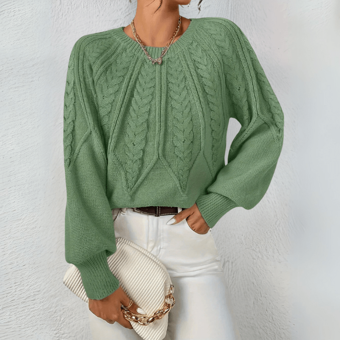 Women's Cable Knit Jumper with Puff Sleeves, Light Green, view 5