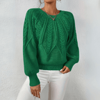 Women's Cable Knit Jumper with Puff Sleeves, Dark Green, view 6