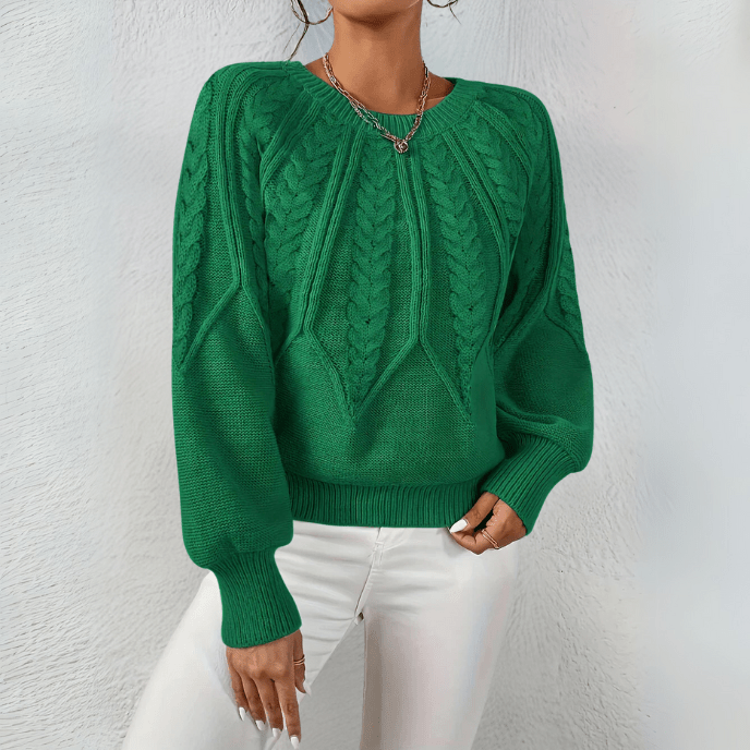 Women's Cable Knit Jumper with Puff Sleeves, Dark Green, view 6