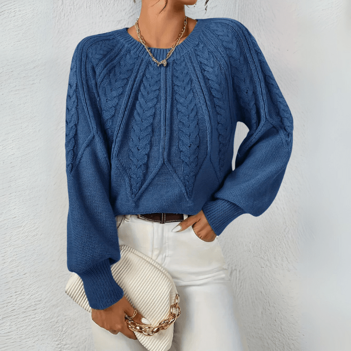 Women's Cable Knit Jumper with Puff Sleeves, Blue, view 7