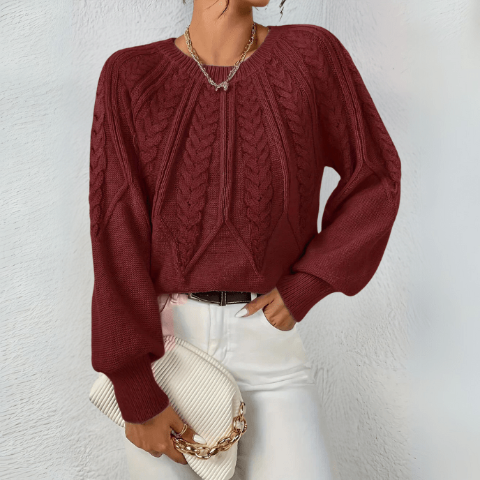 Women's Cable Knit Jumper with Puff Sleeves, Red, view 8