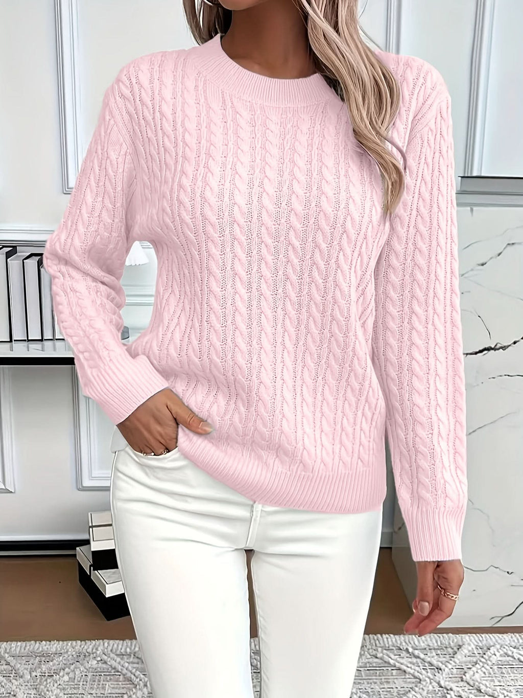 Women's Cable Knit Jumper with Ribbed Crew Neck, Pink, view 3
