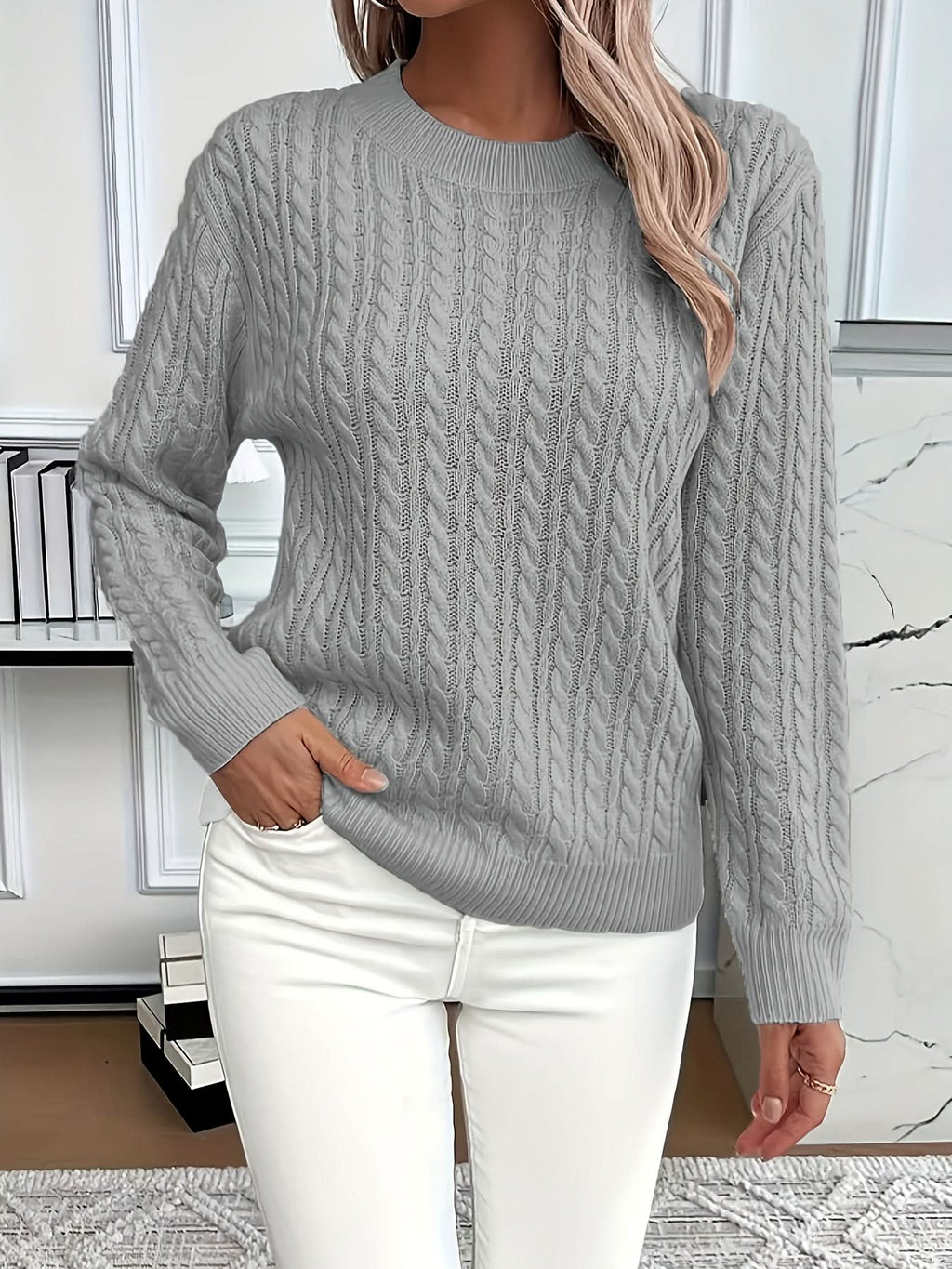 Women's Cable Knit Jumper with Ribbed Crew Neck, Grey, view 5