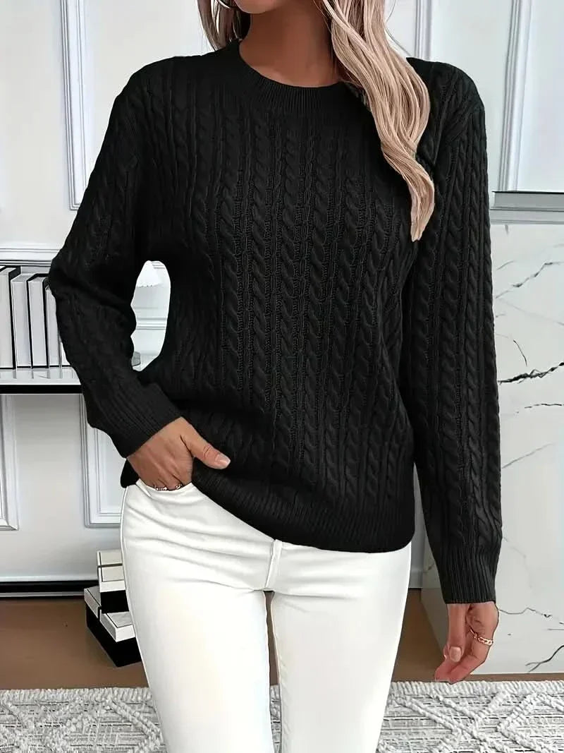 Women's Cable Knit Jumper with Ribbed Crew Neck, Black, view 8