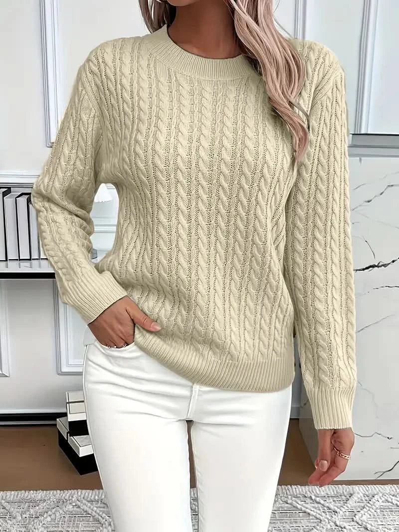 Women's Cable Knit Jumper with Ribbed Crew Neck, Khaki, view 10