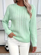 Women's Cable Knit Jumper with Round Neck and Ribbed Cuffs, Green, view 1