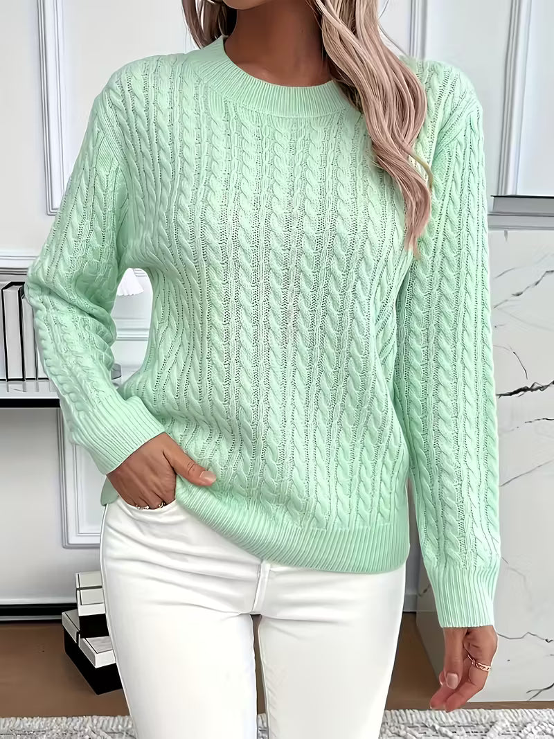 Women's Cable Knit Jumper with Round Neck and Ribbed Cuffs, Green, view 1