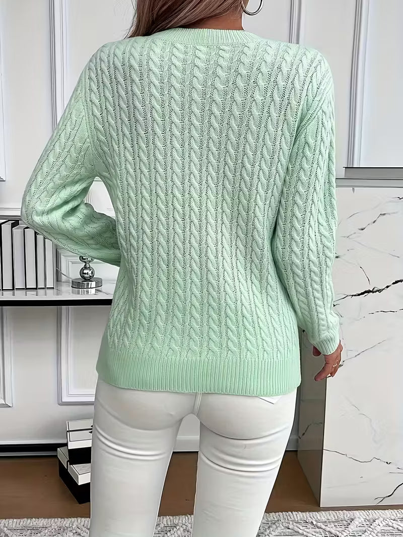 Women's Cable Knit Jumper with Round Neck and Ribbed Cuffs, view 2