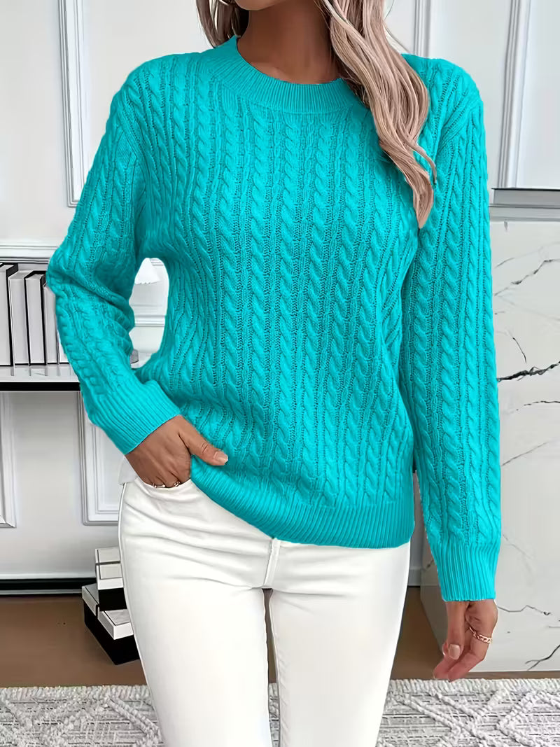 Women's Cable Knit Jumper with Round Neck and Ribbed Cuffs, Blue, view 5