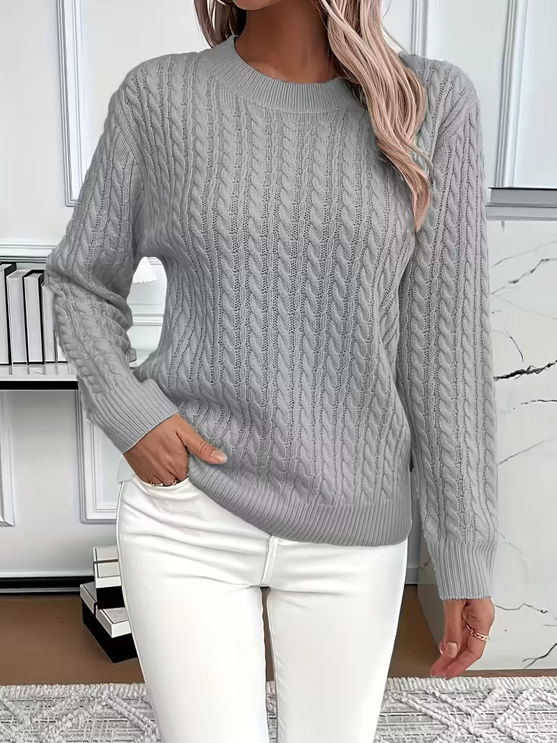 Women's Cable Knit Jumper with Round Neck and Ribbed Cuffs, Grey, view 8