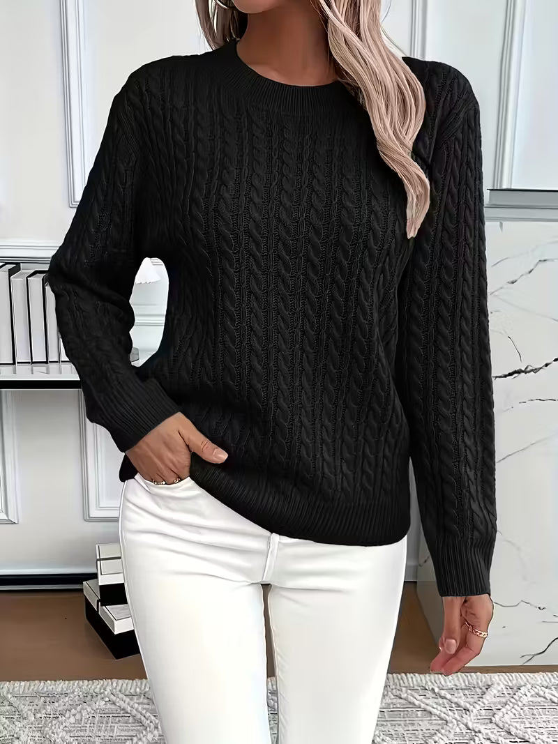 Women's Cable Knit Jumper with Round Neck and Ribbed Cuffs, Black, view 9