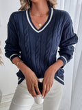 Women's Cable Knit Jumper with V-Neckline and Contrast Stripe Trim, Navy Blue, view 1
