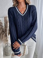 Women's Cable Knit Jumper with V-Neckline and Contrast Stripe Trim, view 3