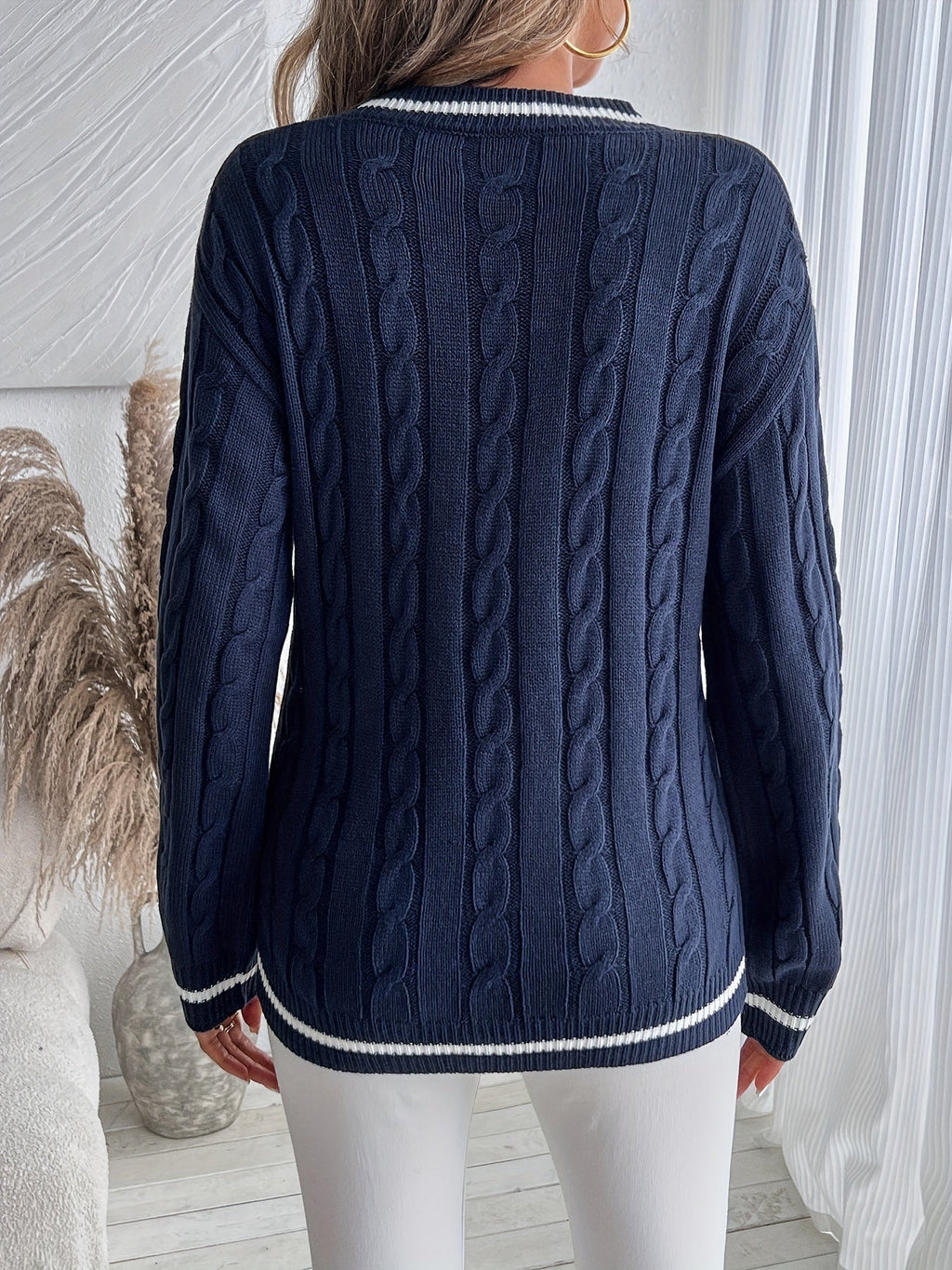 Women's Cable Knit Jumper with V-Neckline and Contrast Stripe Trim, view 4