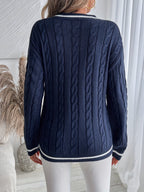 Women's Cable Knit Jumper with V-Neckline and Contrast Stripe Trim, view 4