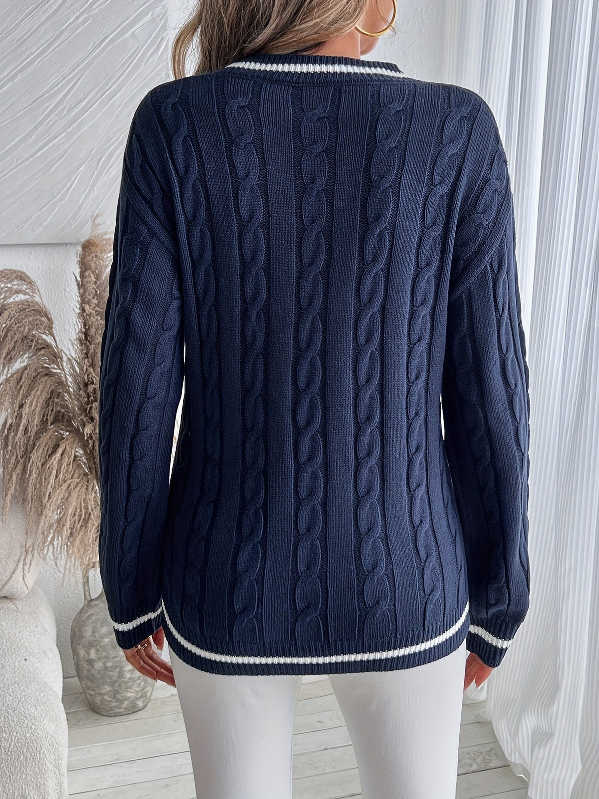 Women's Cable Knit Jumper with V-Neckline and Contrast Stripe Trim, view 4