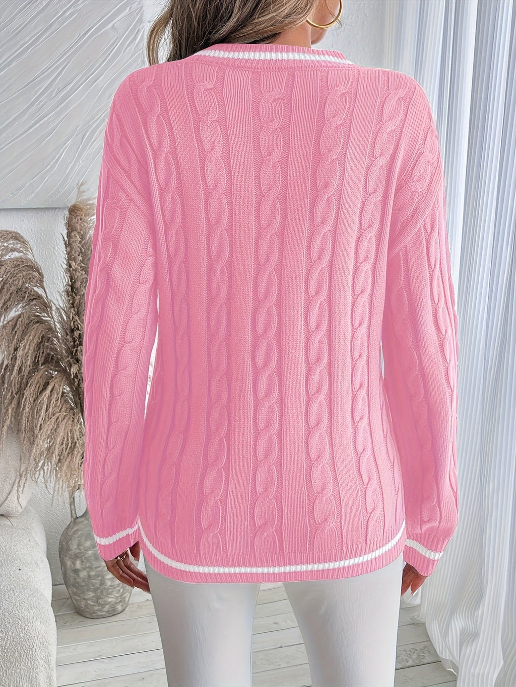 Women's Cable Knit Jumper with V-Neckline and Contrast Stripe Trim, view 6