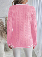 Women's Cable Knit Jumper with V-Neckline and Contrast Stripe Trim, view 6
