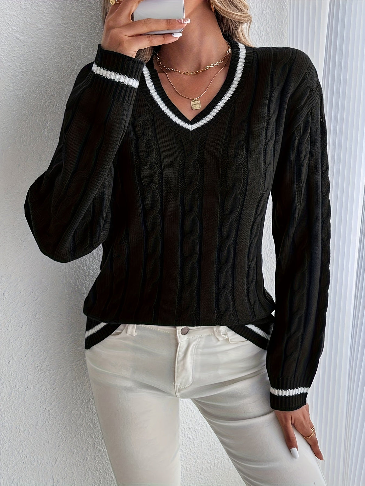 Women's Cable Knit Jumper with V-Neckline and Contrast Stripe Trim, Black, view 7
