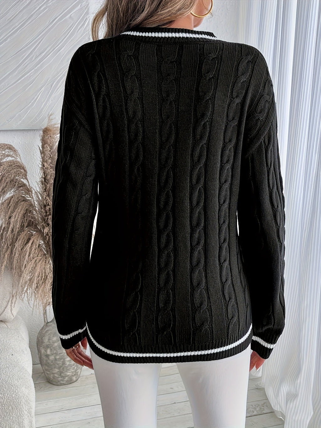 Women's Cable Knit Jumper with V-Neckline and Contrast Stripe Trim, view 9