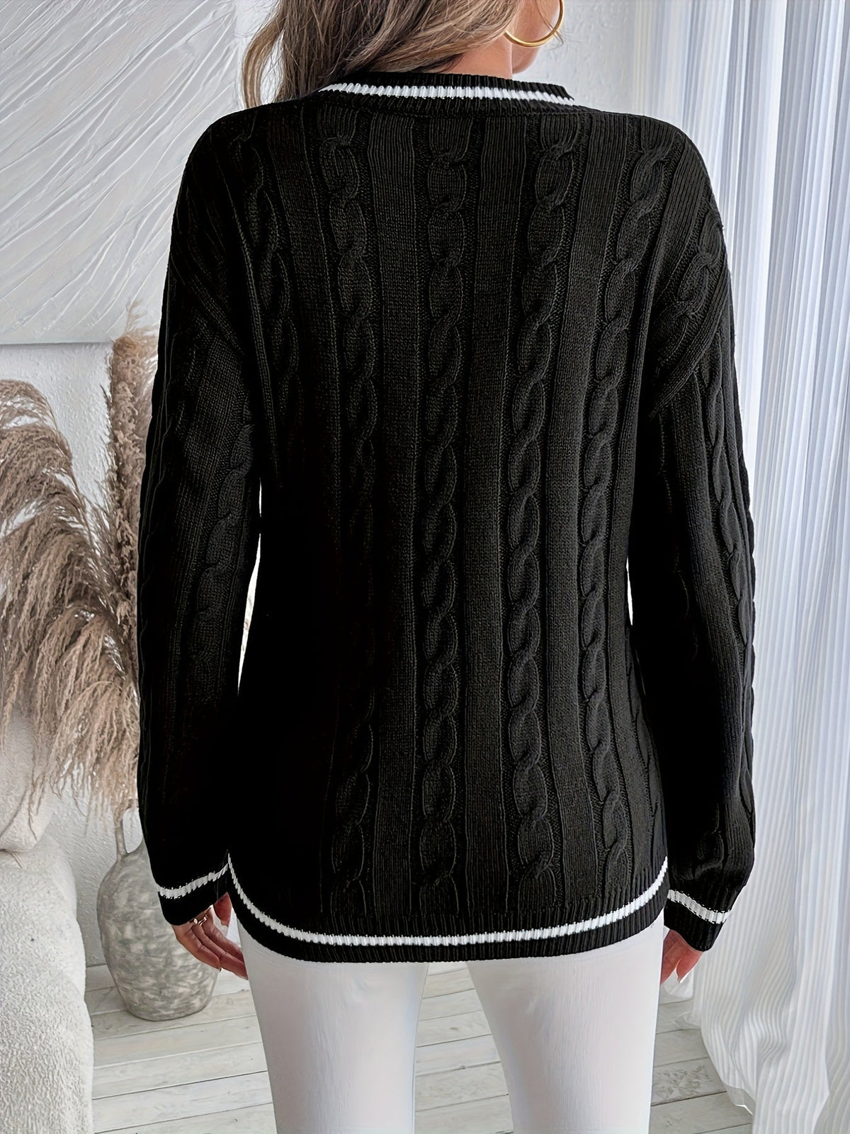 Women's Cable Knit Jumper with V-Neckline and Contrast Stripe Trim, view 9