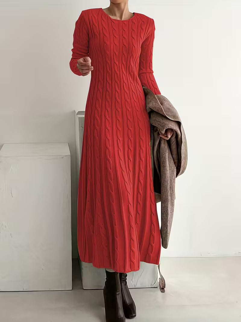 Women's Cable Knit Maxi Dress with Long Sleeves, Red, view 2