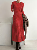 Women's Cable Knit Maxi Dress with Long Sleeves, Red, view 2
