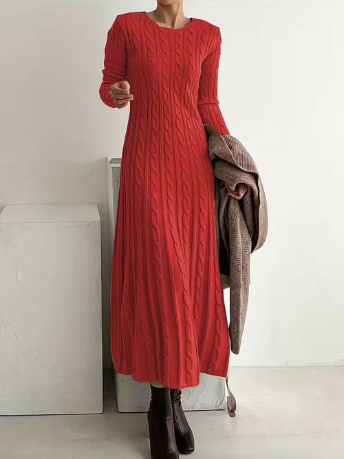 Women's Cable Knit Maxi Dress with Long Sleeves, Red, view 2