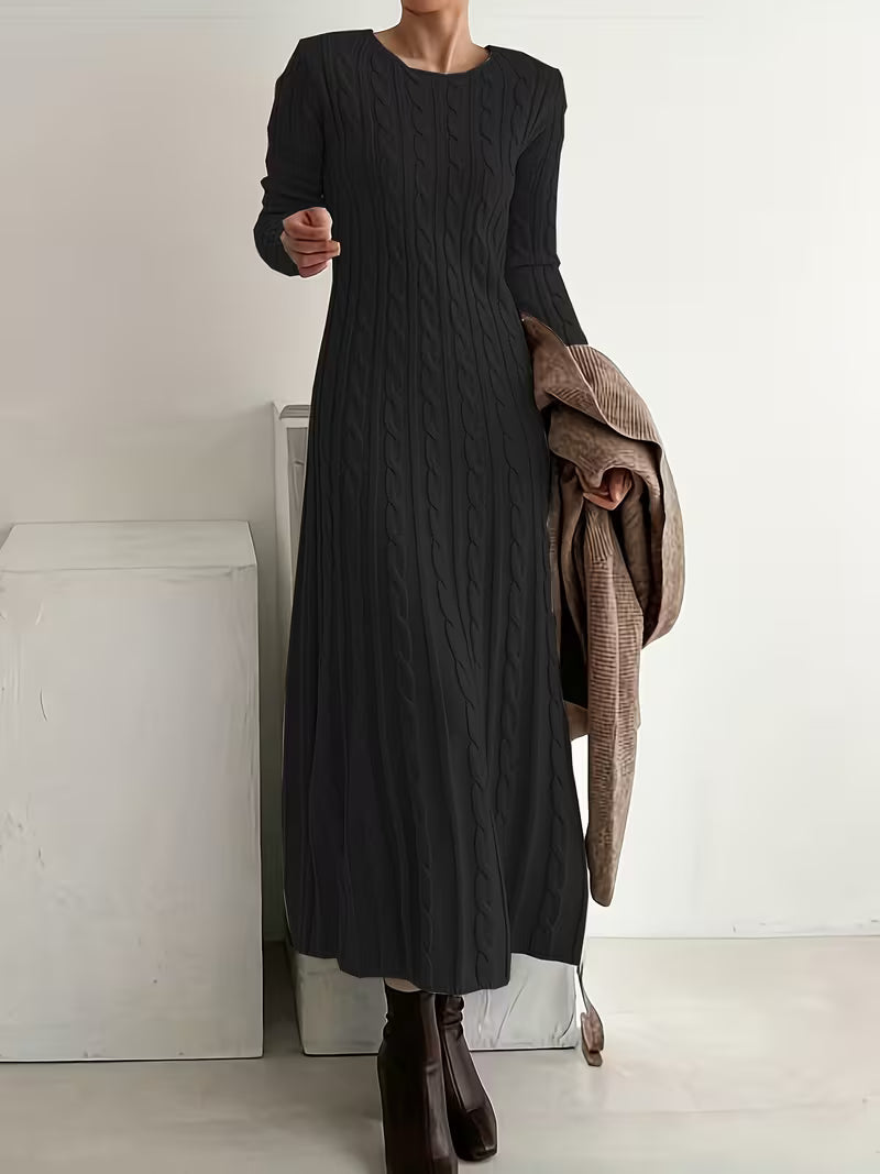 Women's Cable Knit Maxi Dress with Long Sleeves, Black, view 3