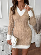 Women's Cable Knit Mini Dress with Contrast Collar and Ribbed Hem, Beige, view 1