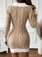 Women's Cable Knit Mini Dress with Contrast Collar and Ribbed Hem, view 2