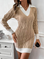 Women's Cable Knit Mini Dress with Contrast Collar and Ribbed Hem, view 3