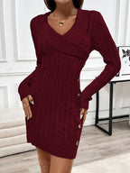 Women's Cable Knit Mini Dress with V-Neck and Gold Side Buttons, Burgundy, view 1