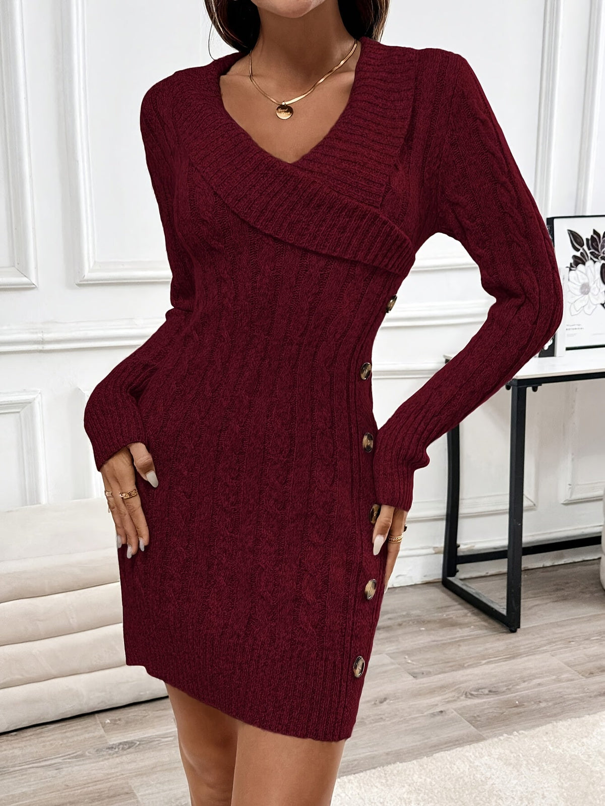 Women's Cable Knit Mini Dress with V-Neck and Gold Side Buttons, Burgundy, view 1