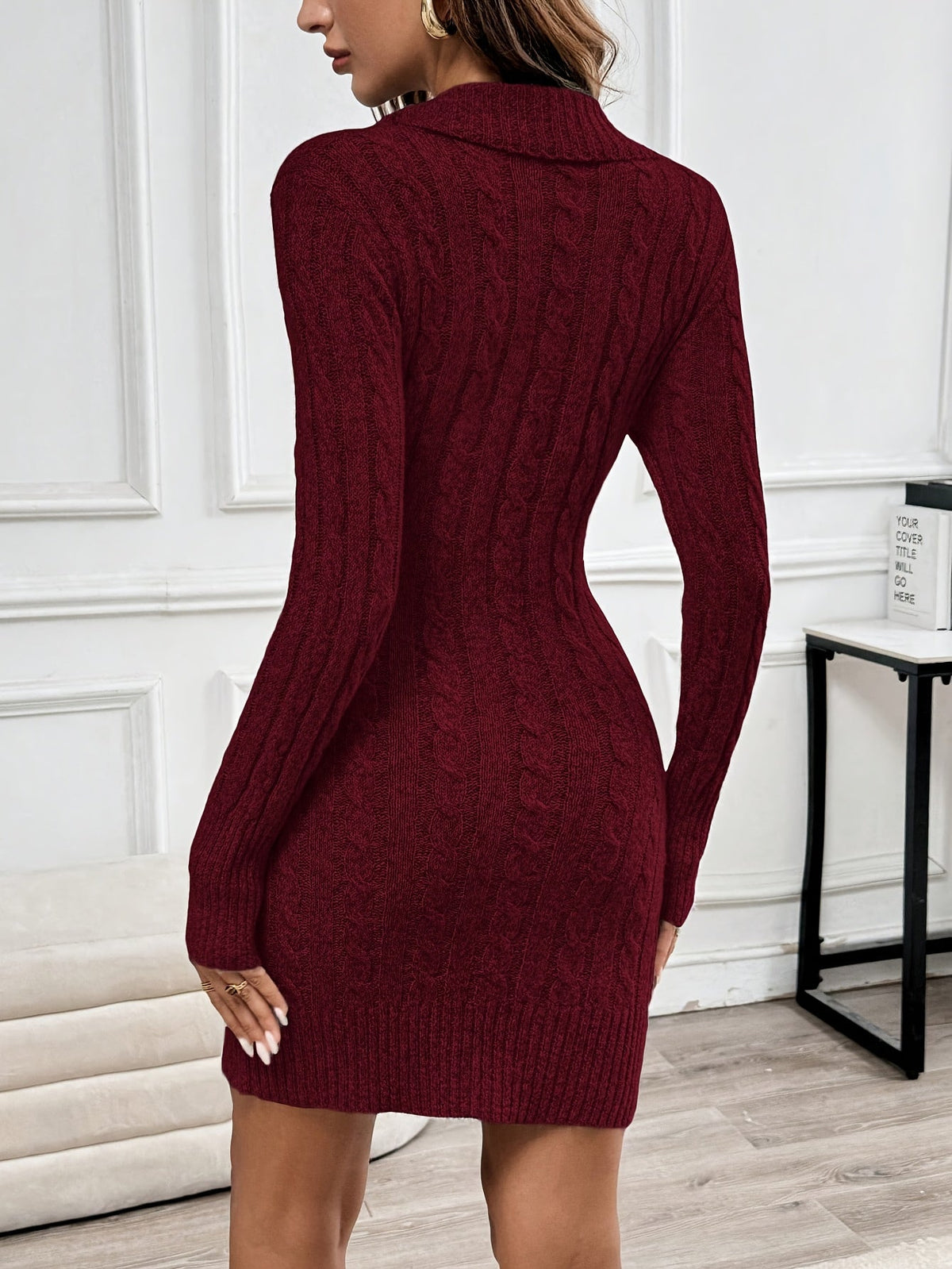 Women's Cable Knit Mini Dress with V-Neck and Gold Side Buttons, view 2